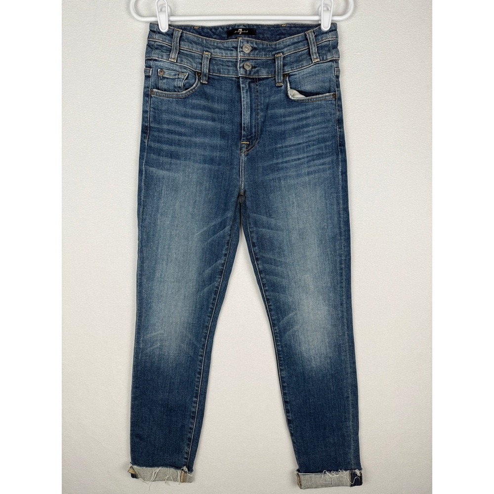 7 For All Mankind Skinny High Rise Jeans Womens 28 Cuffed Denim Raw Hem